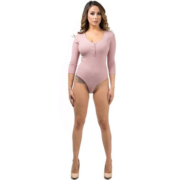 Women's Casual 3/4 Sleeve Front Button Ribbed Henley Deep V-Neck Bodysuit S,M,L - Picture 2 of 6